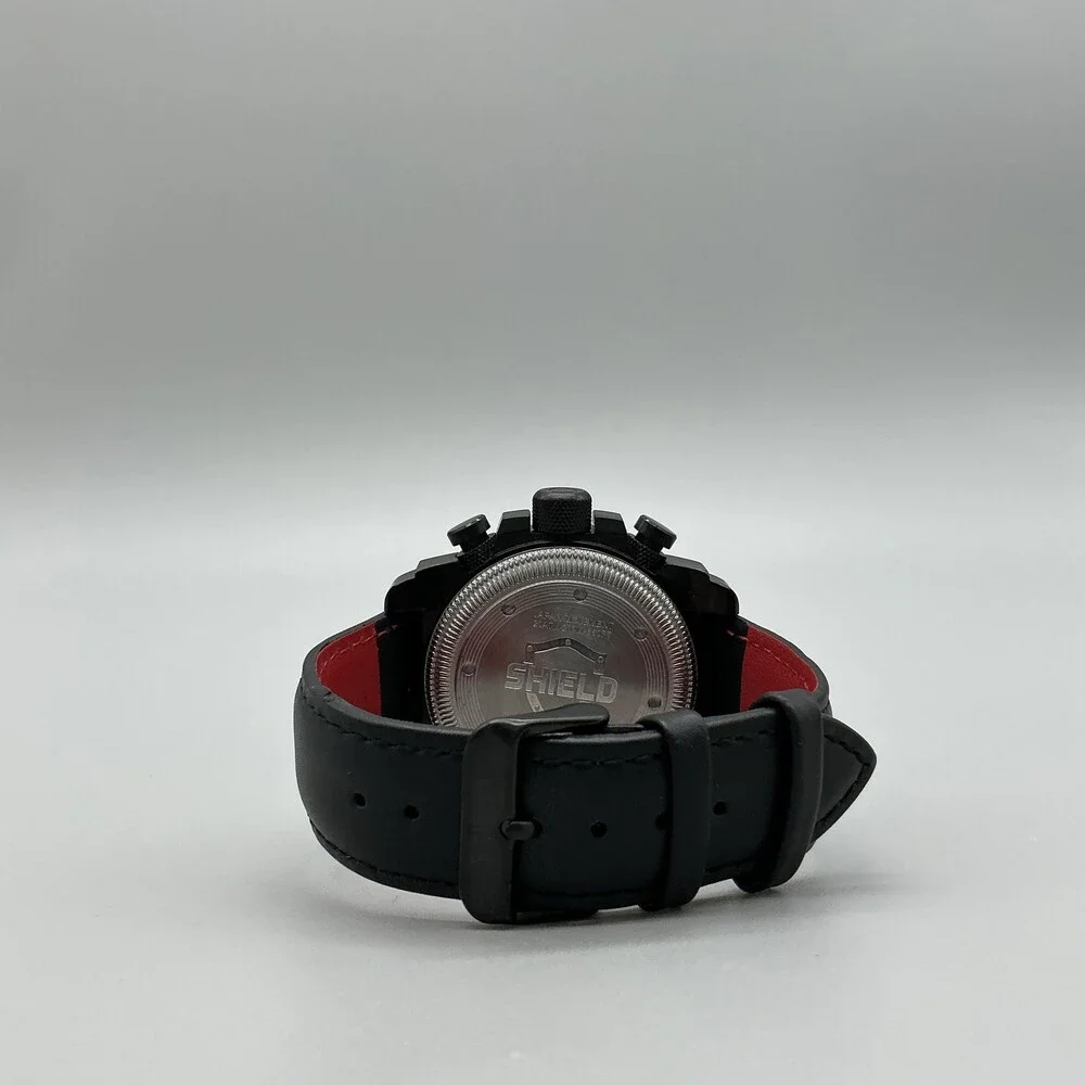 Shield Tesei Chronograph Mens Watch 49mm Black Dial Leather Date New Battery